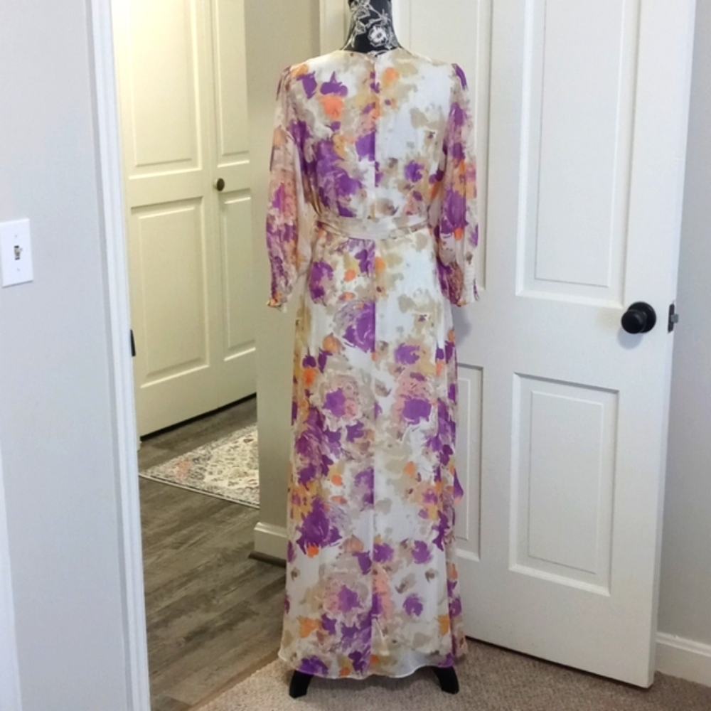 💜Taylor💜 - Purple/Peach/Cream Floral Chiffon Ruffle L/S V-Neck Midi Dress - Picture 3 of 16